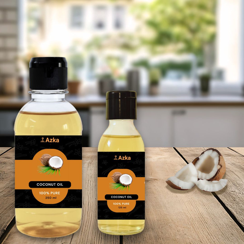 Coconut Oil by Azka Organics – cold-pressed edible and skin-care oil in plastic bottles