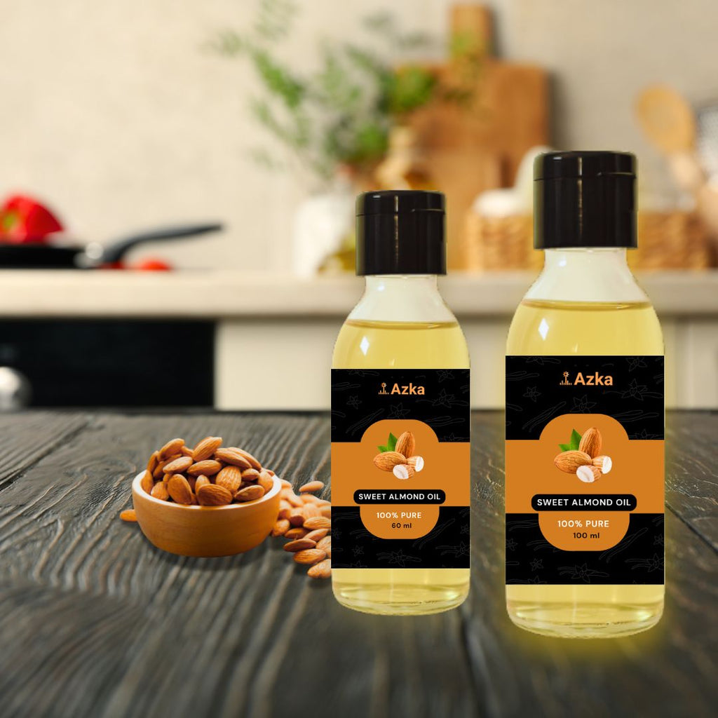 Sweet Almond Oil by Azka Organics – cold-pressed oil for hair and skin in plastic bottles